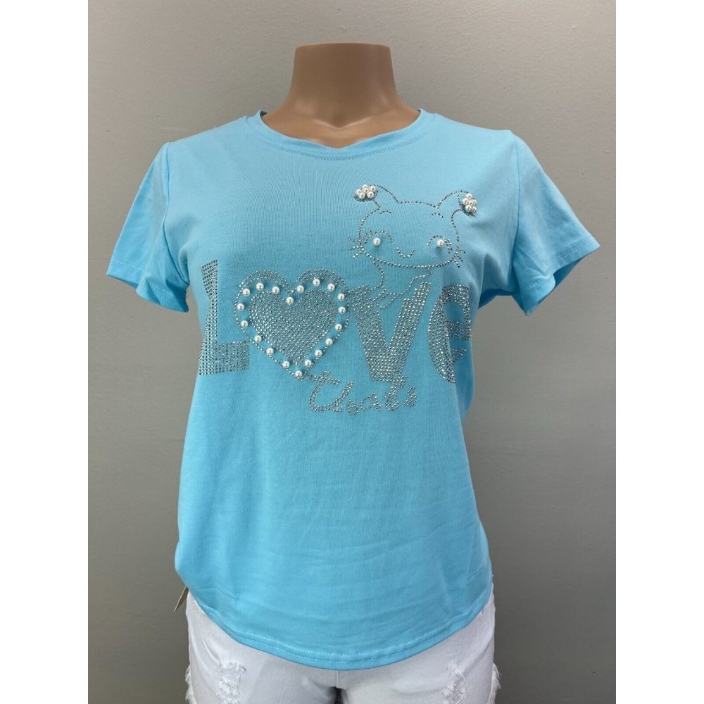 Womens Round Neck T-shirt Light Blue Rhinestone Love Design Size S/M